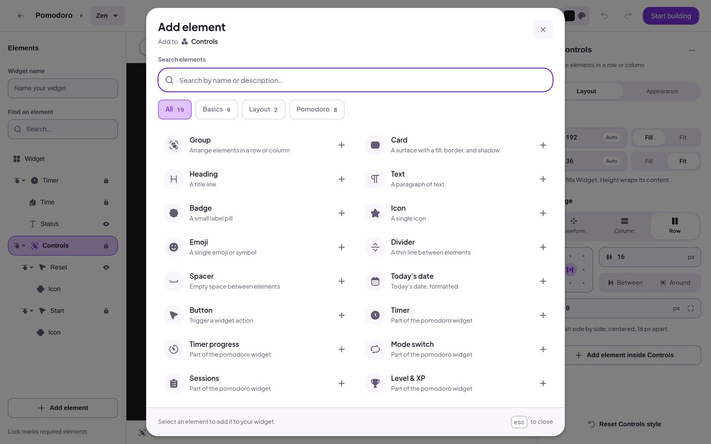The Add element dialog, adding to the Controls group. It lists Group, Card, Heading, Text, Badge, Icon, Emoji, Divider, Spacer, Today's date, Button, and the Pomodoro Parts such as Timer and Sessions.
