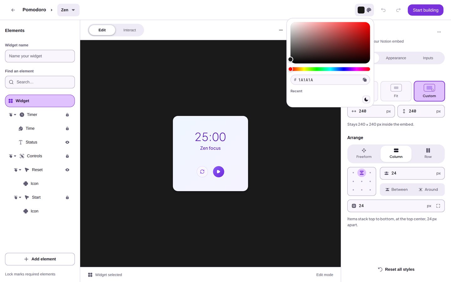 The Embed background color picker open under the header, with the hex value 1A1A1A, behind a Pomodoro widget with its own light background.