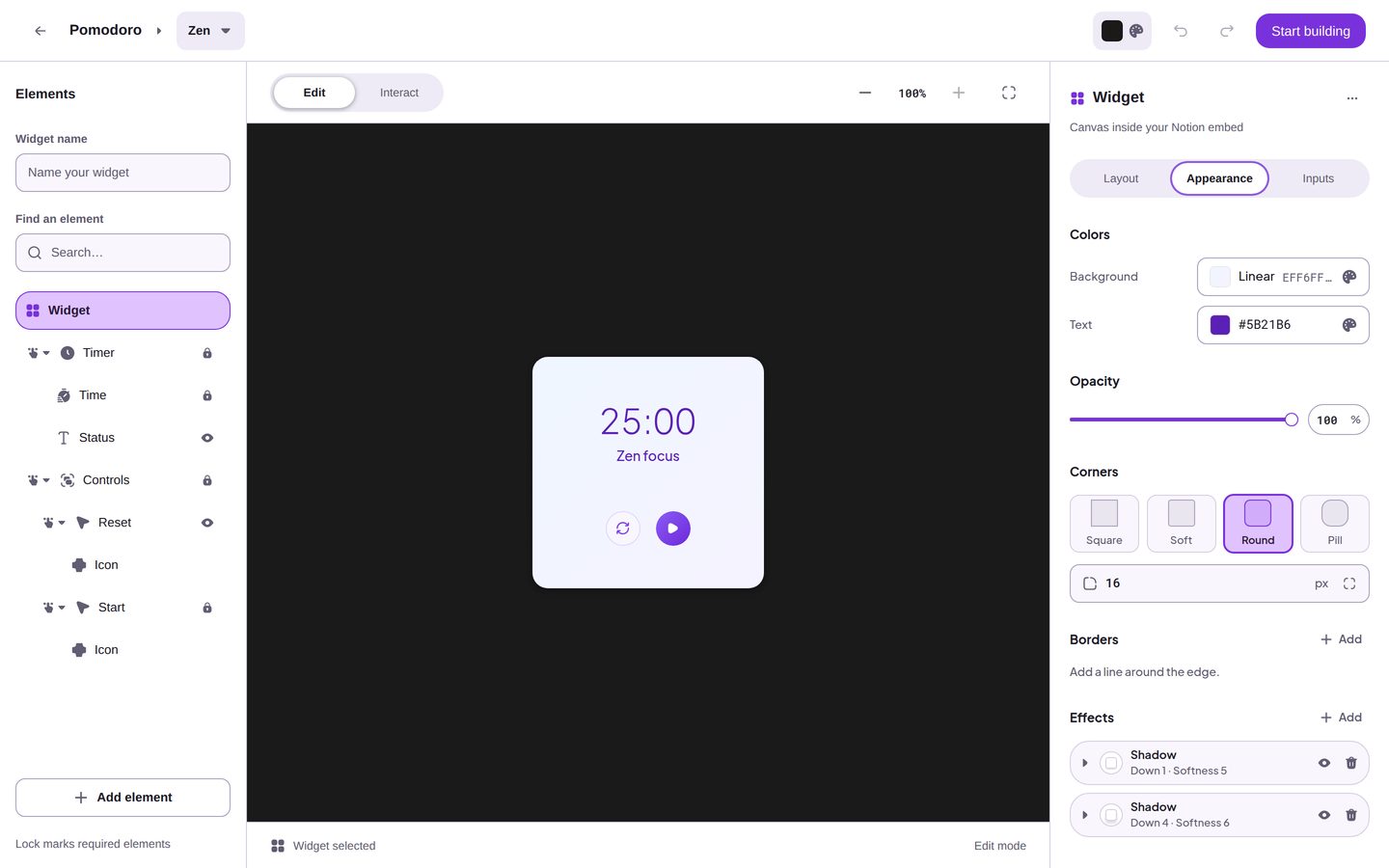 The Appearance tab of the widget, with Colors (Background and Text), Opacity, Corners, Borders, Effects, and Font, and the Reset all styles button at the bottom.