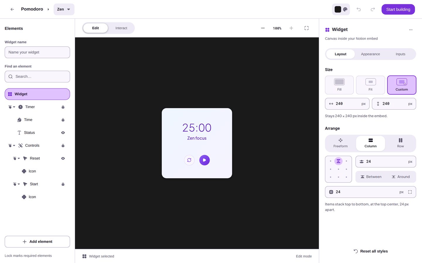 The widget editor with the Pomodoro Zen template: the header at the top, the Elements panel on the left, the canvas in the middle, and the Settings panel on the right.