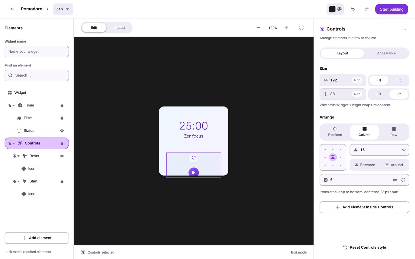 The editor after a change to the Controls group. Undo is active in the header, next to Redo.